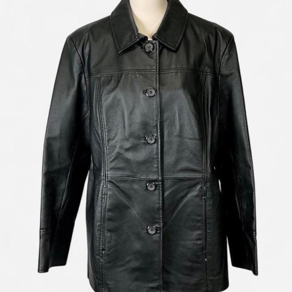 Black leather jacket button up women's XL east 5th